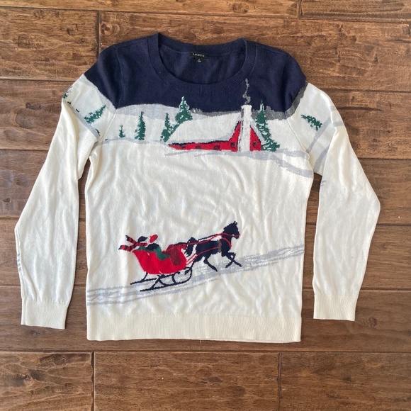 Talbots Festive Sleigh Scene Pullover Knit Sweater Cotton Blend Medium Christmas - Picture 1 of 10